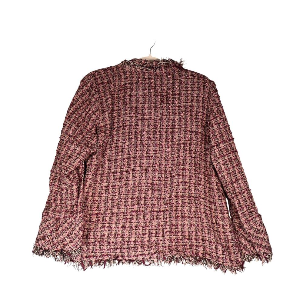 Joanna Plus Blazer Jacket Womens 1X Pink Tweed Fringe Rhinestone Buttons Short - Picture 6 of 12